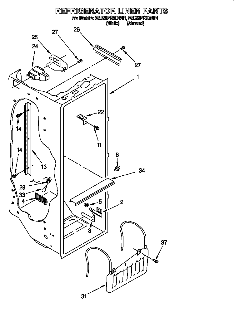 Whirlpool 8ED25PQXDW01 refrigerator liner diagram