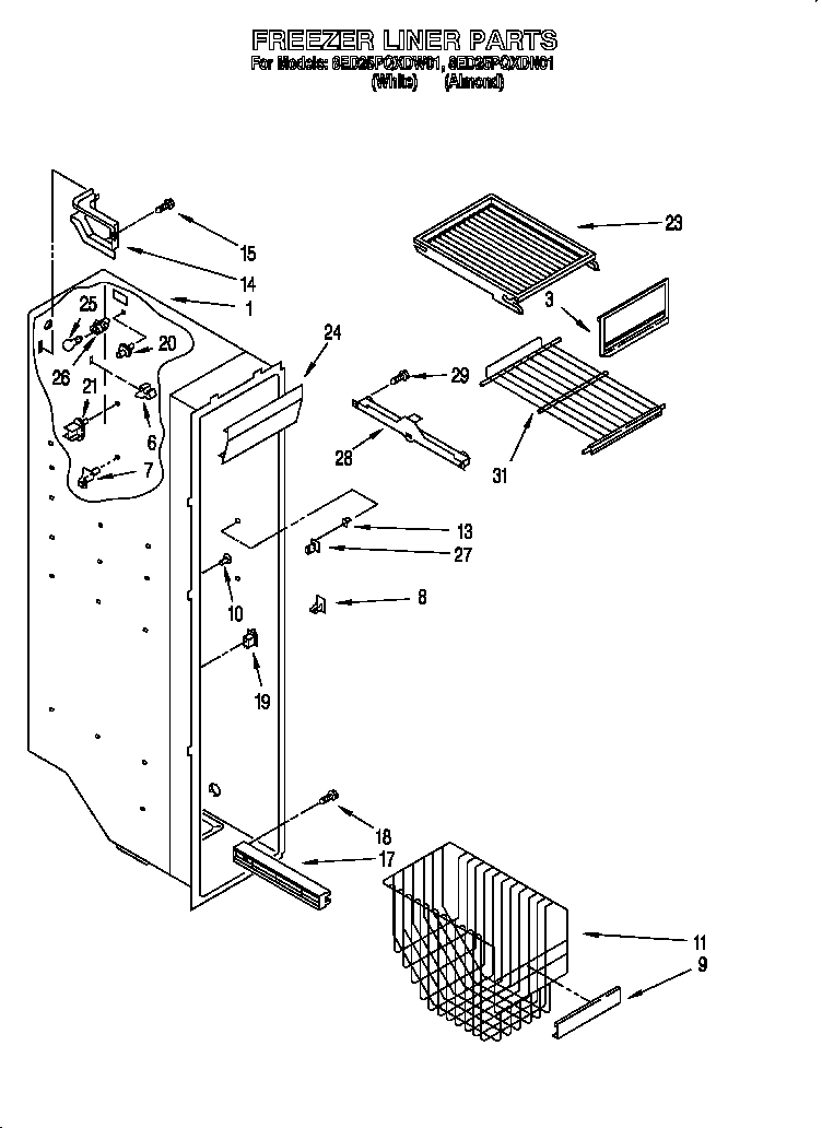 Whirlpool 8ED25PQXDW01 freezer liner diagram