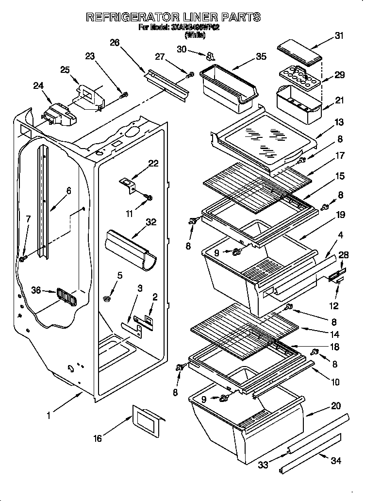 Whirlpool 3XARG496WP02 refrigerator liner diagram
