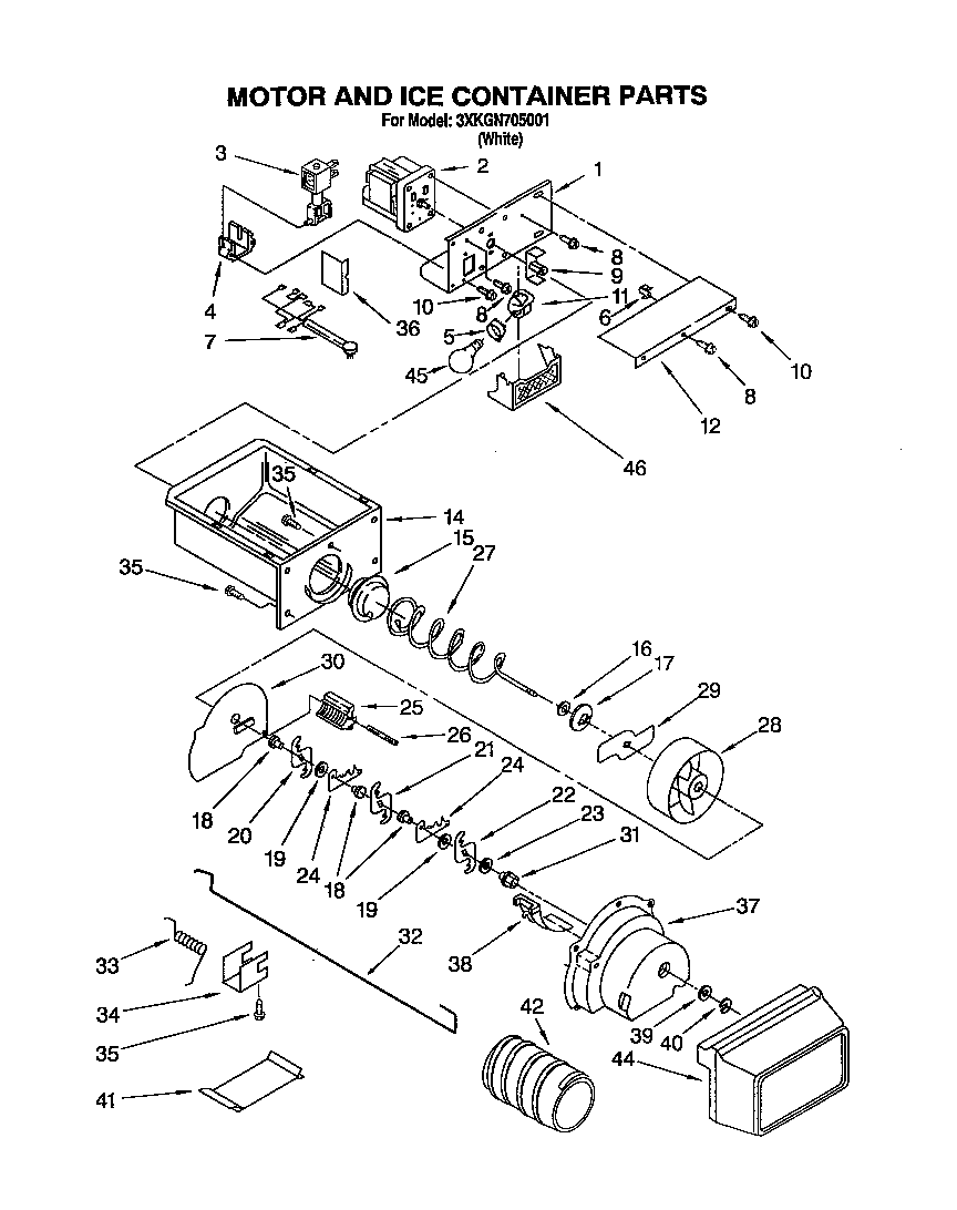 Bauknecht 3XKGN705001 motor and ice container diagram