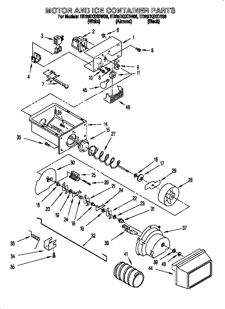Whirlpool ED25DQXDN06 motor and ice container parts diagram
