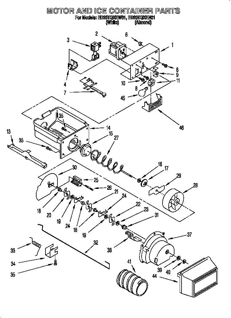Whirlpool ED20TQXEN01 motor and ice container parts diagram