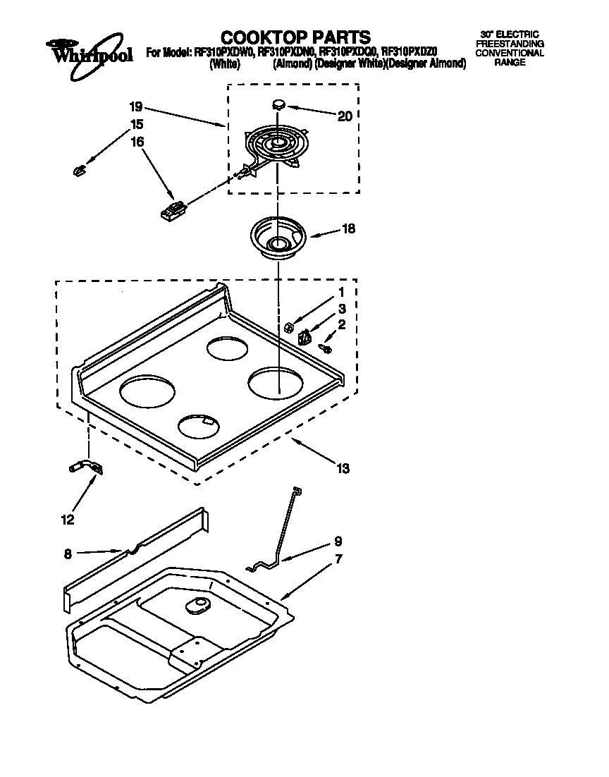 Whirlpool RF310PXDN0 cooktop parts diagram