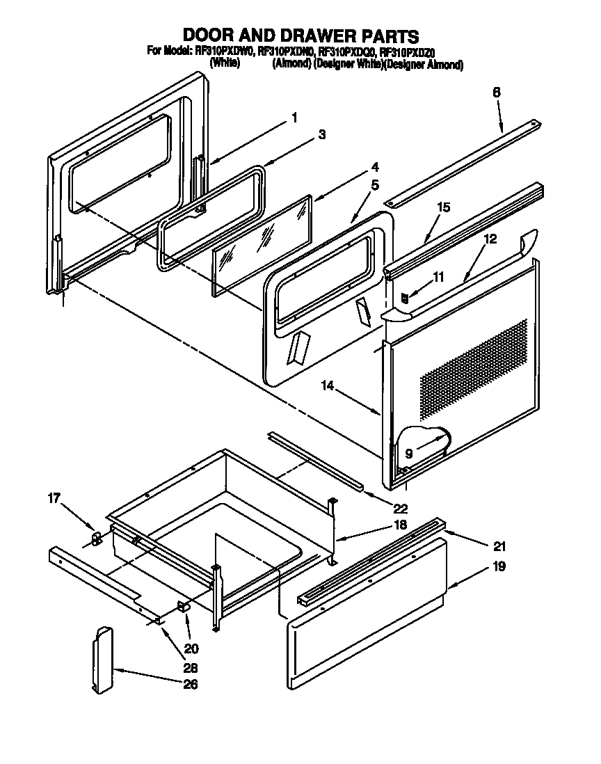 Whirlpool RF310PXDN0 door and drawer parts diagram