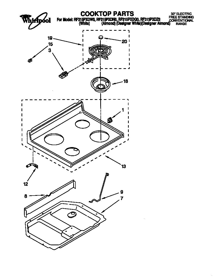 Whirlpool RF315PXDZ0 cooktop parts diagram