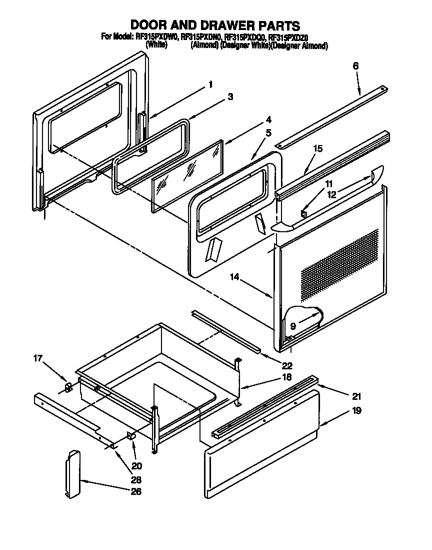 Whirlpool RF315PXDZ0 door and drawer parts diagram