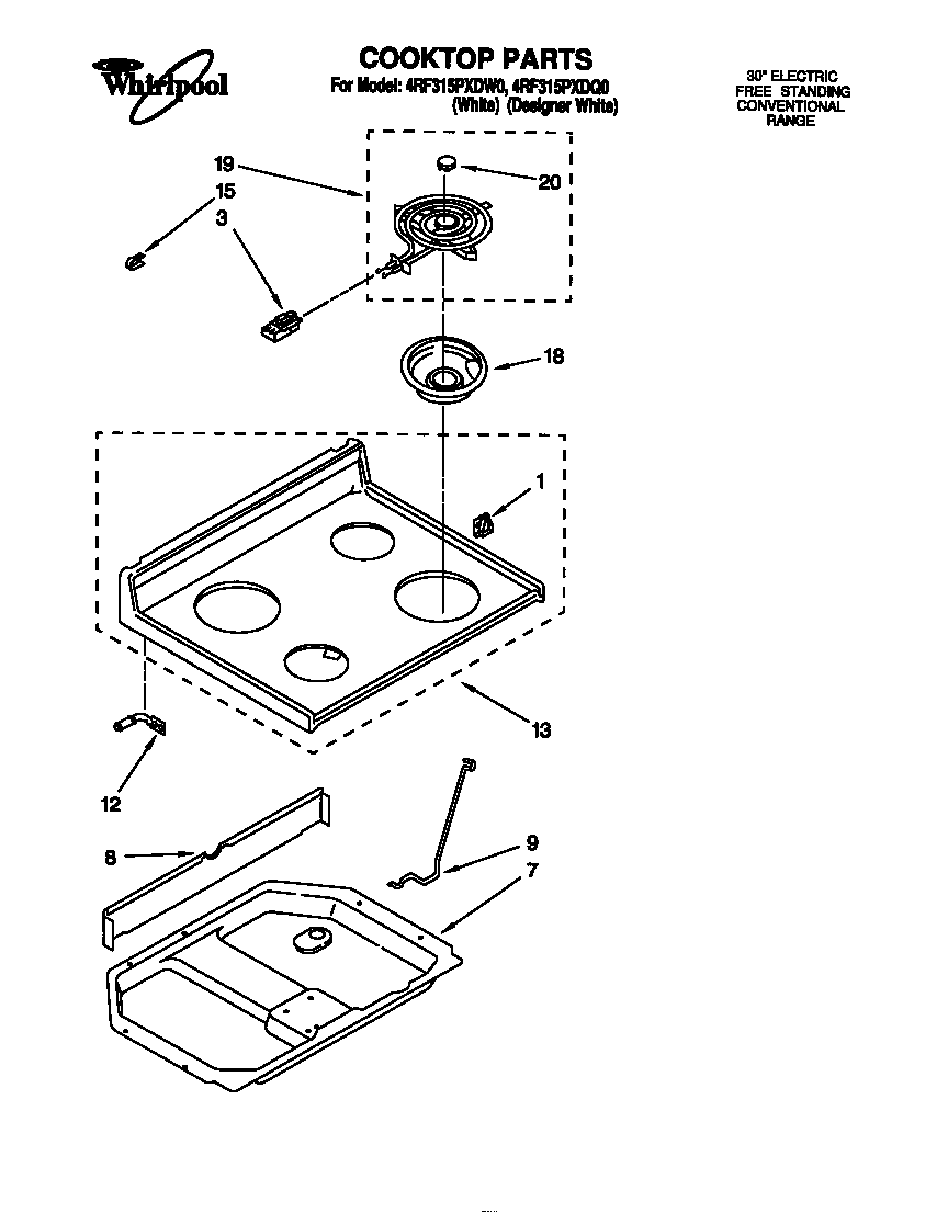 Whirlpool 4RF315PXDQ0 cooktop parts diagram