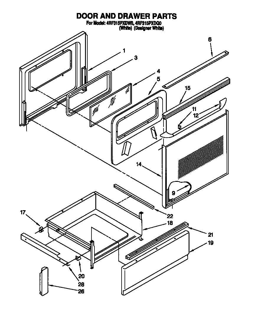 Whirlpool 4RF315PXDQ0 door and drawer parts diagram