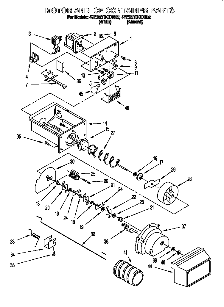 Whirlpool 4YED27DQDW02 motor and ice container parts diagram