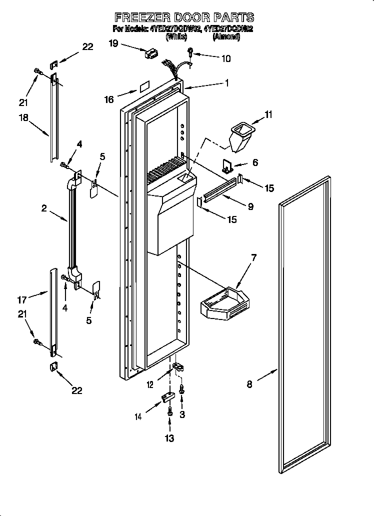 Whirlpool 4YED27DQDW02 freezer door parts diagram