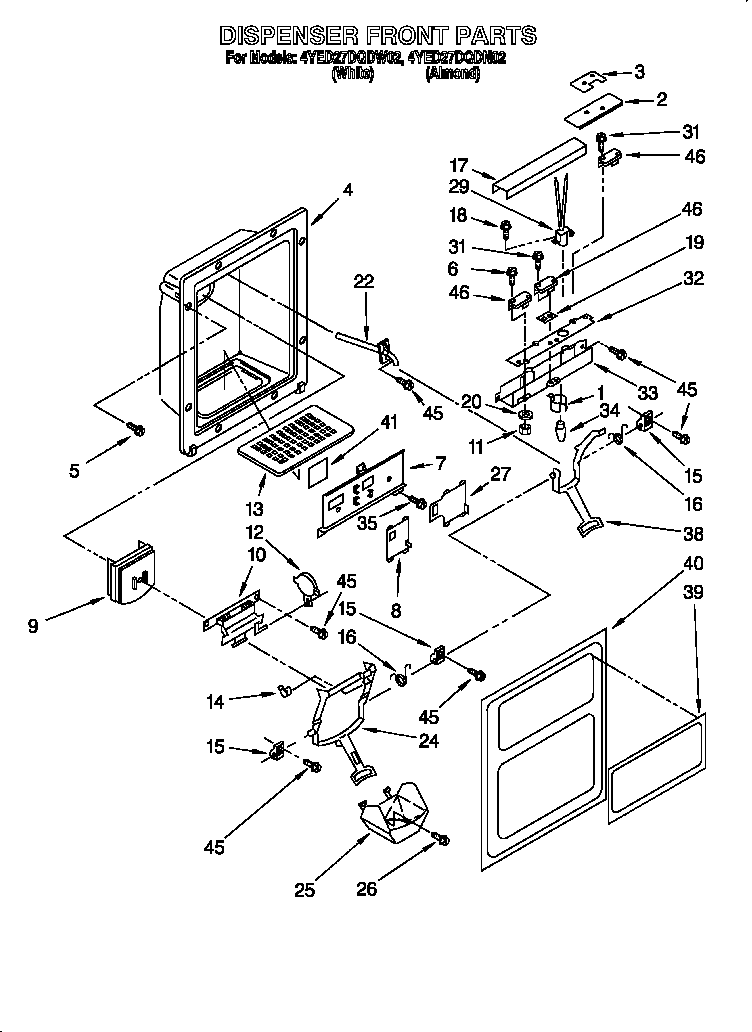 Whirlpool 4YED27DQDW02 dispenser front parts diagram