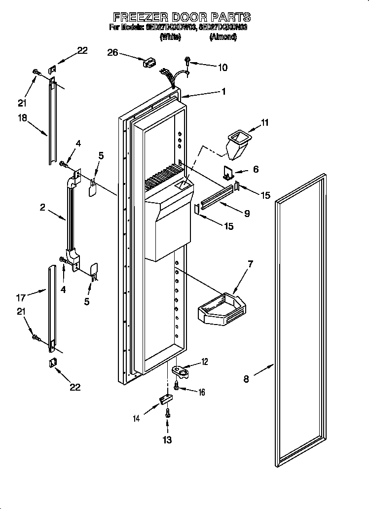 Whirlpool 8ED27DQXDN03 freezer door parts diagram