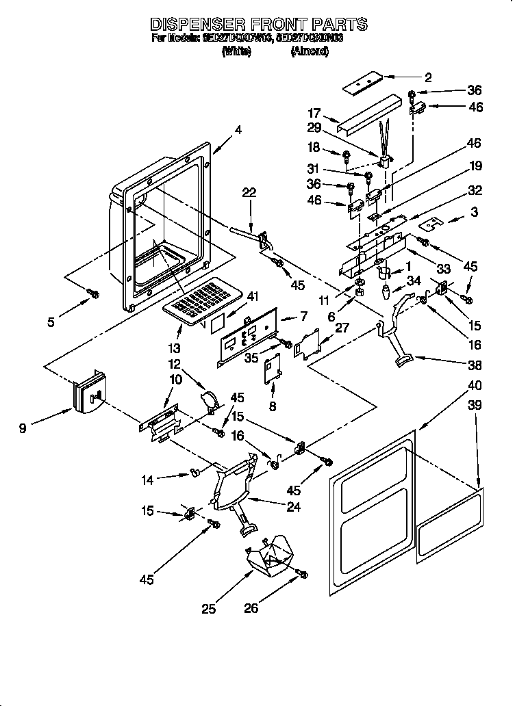 Whirlpool 8ED27DQXDN03 dispenser front parts diagram