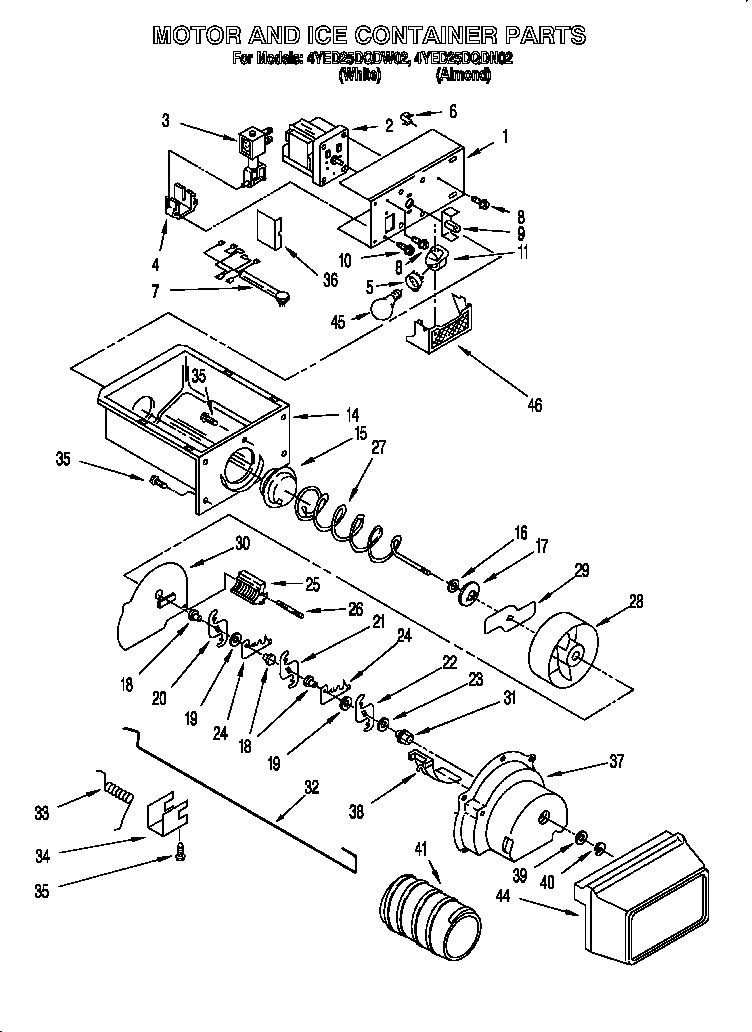 Whirlpool 4YED25DQDW02 motor and ice container parts diagram