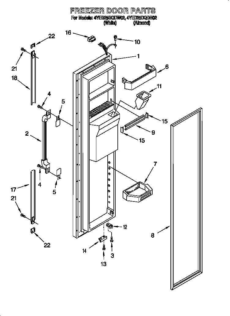Whirlpool 4YED25DQDW02 freezer door parts diagram