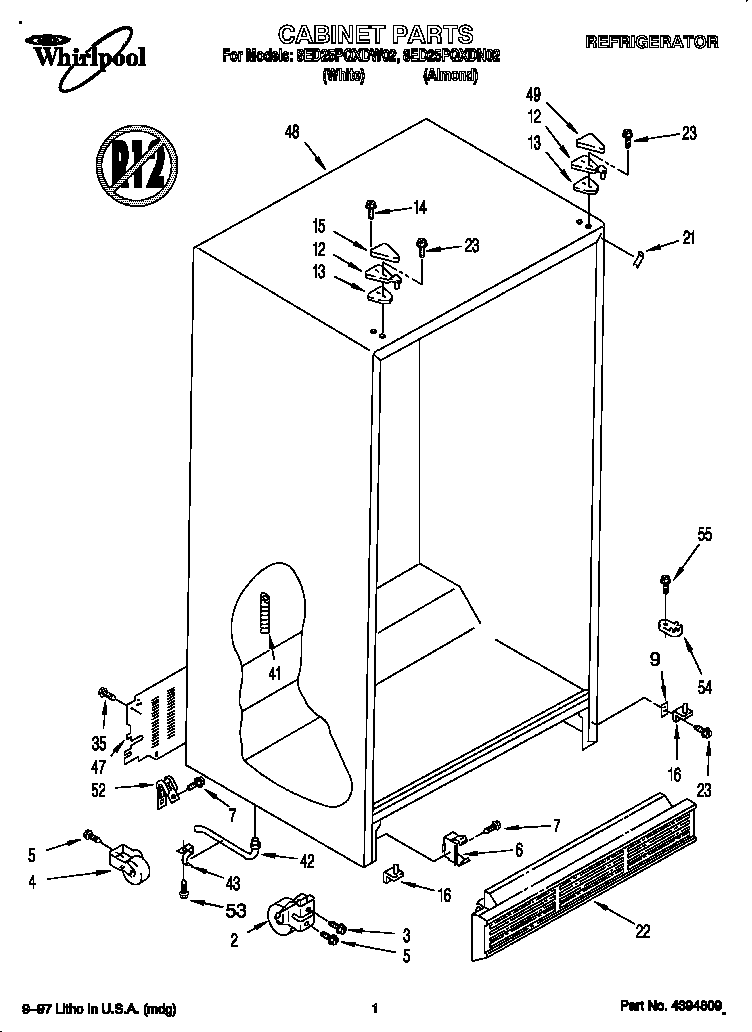 Whirlpool 8ED25PQXDN02 cabinet parts diagram