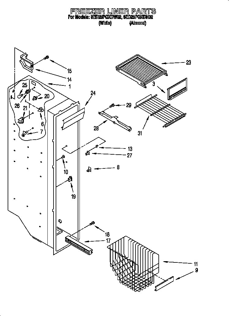 Whirlpool 8ED25PQXDN02 freezer liner parts diagram