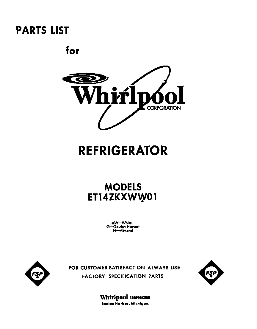 Whirlpool ET14ZKXWG01 cover page diagram