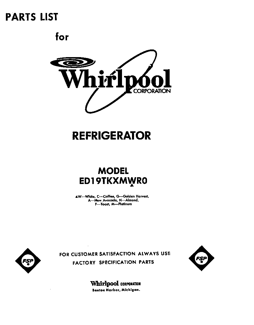 Whirlpool ED19TKXMWR0 cover page diagram
