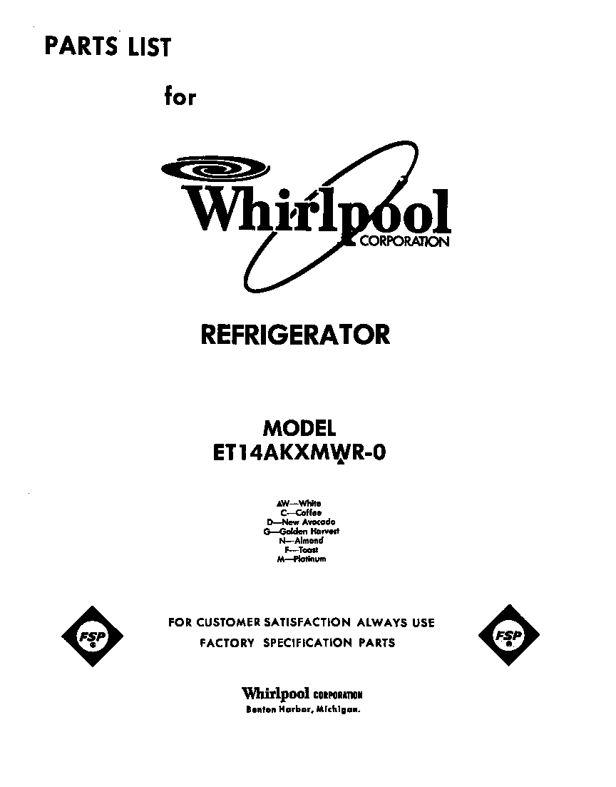 Whirlpool ET14AKXMWR0 cover page diagram