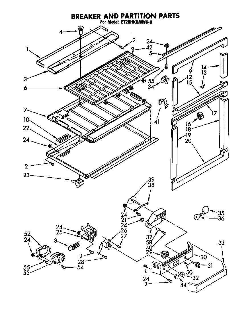 Whirlpool ET20HKXMWR0 breaker and partition parts diagram