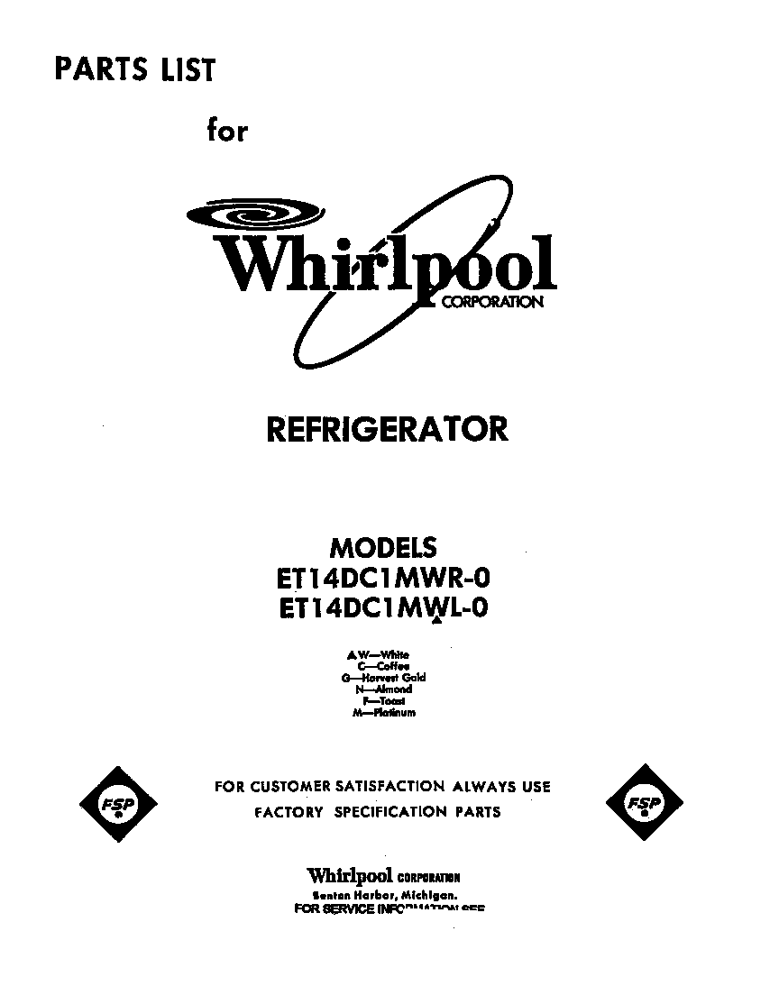 Whirlpool ET14DC1MWR0 cover page diagram