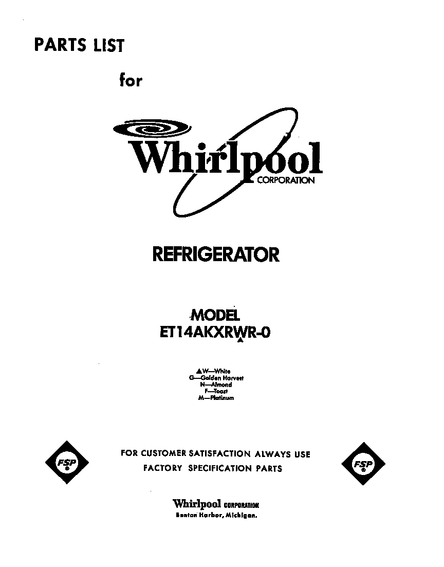 Whirlpool ET14AKXRWR0 cover page diagram