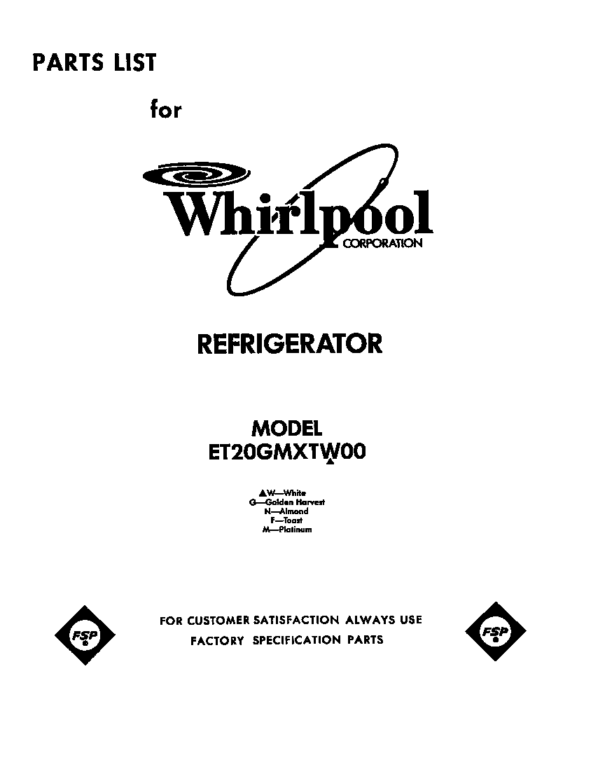 Whirlpool ET20GMXTM00 front cover diagram