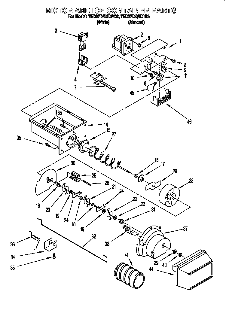 Whirlpool 7ED27DQXDN02 motor and ice container diagram