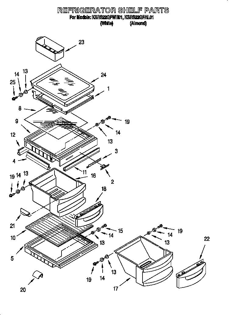 KitchenAid KSRS22QFWH01 refrigerator shelf diagram
