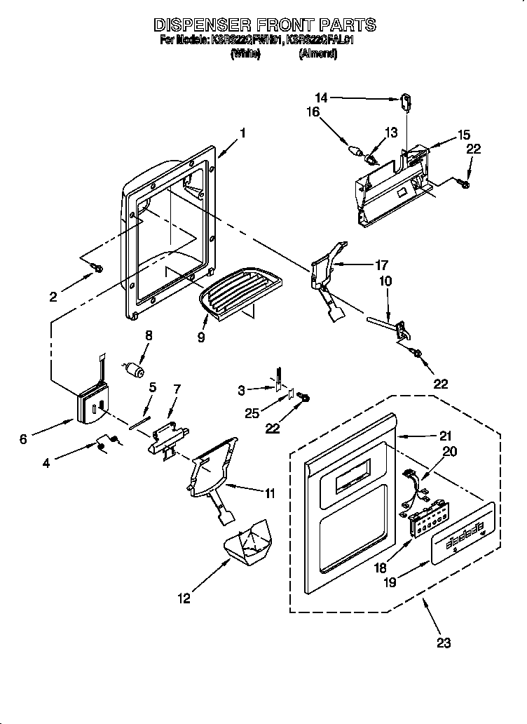 KitchenAid KSRS22QFWH01 dispenser front diagram