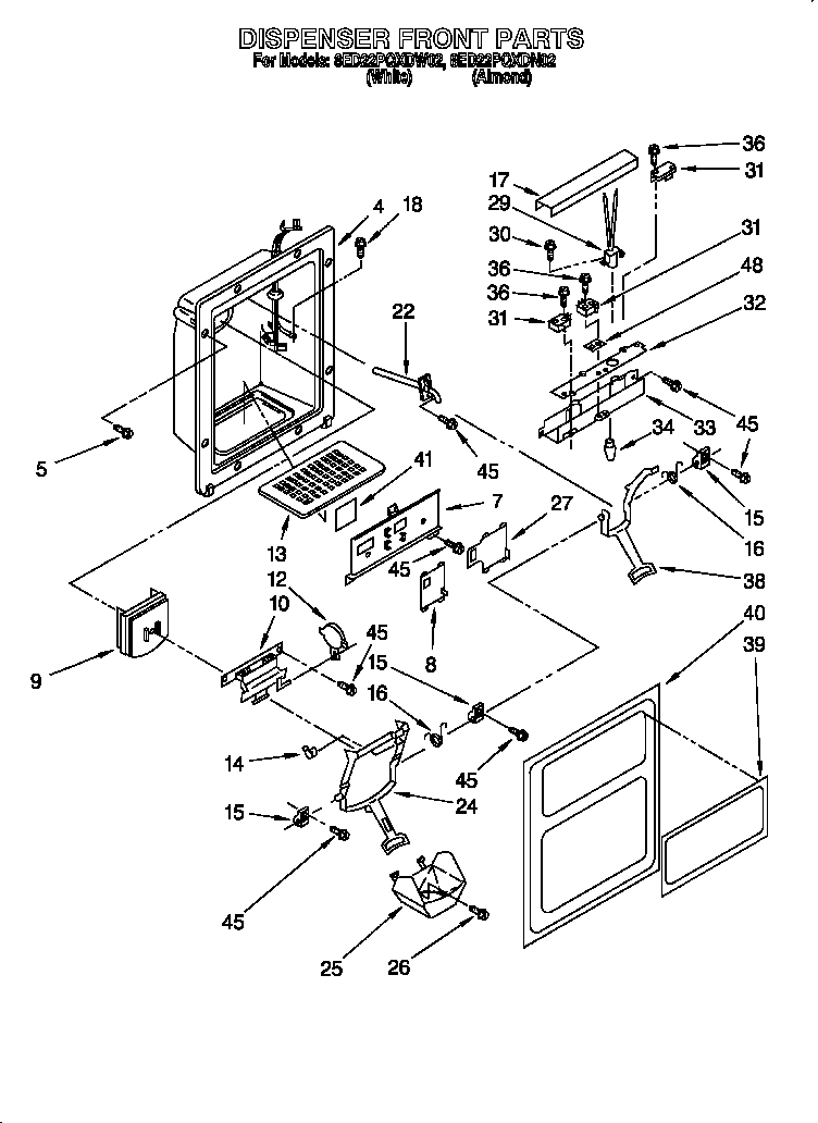Whirlpool 8ED22PQXDN02 dispenser front diagram