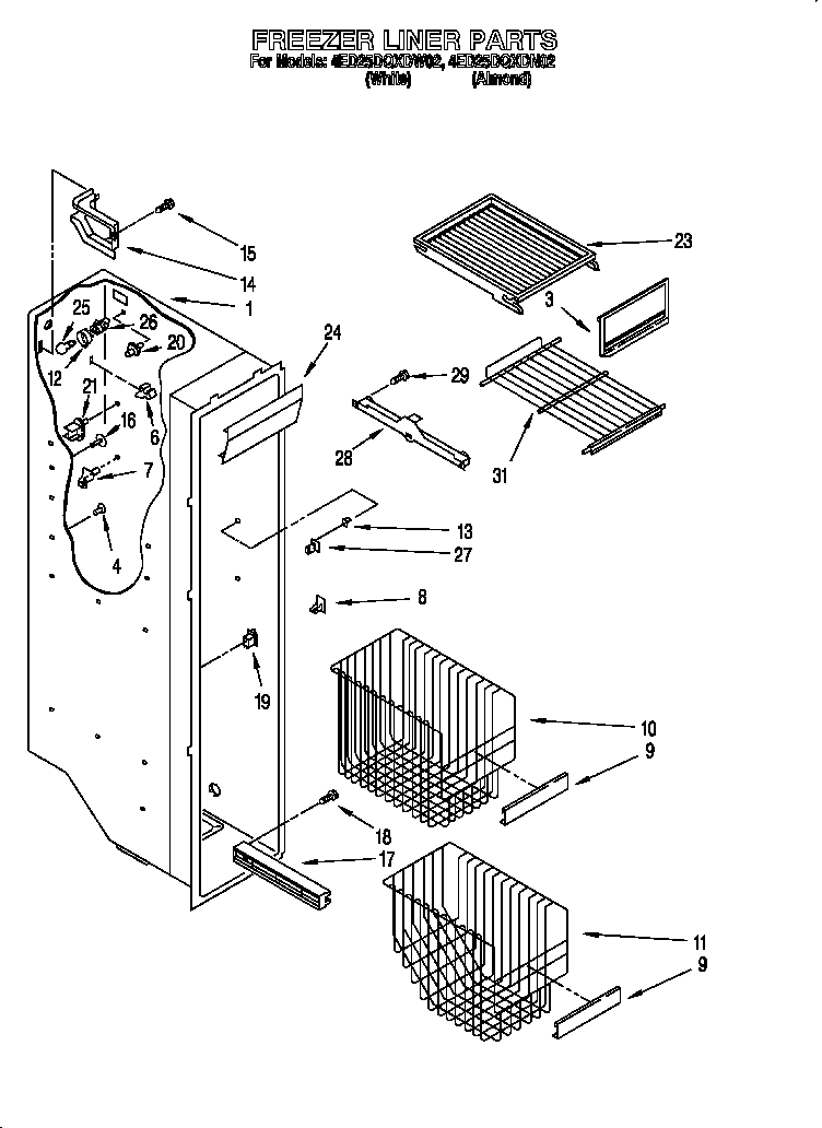 Whirlpool 4ED25DQXDW02 freezer liner diagram