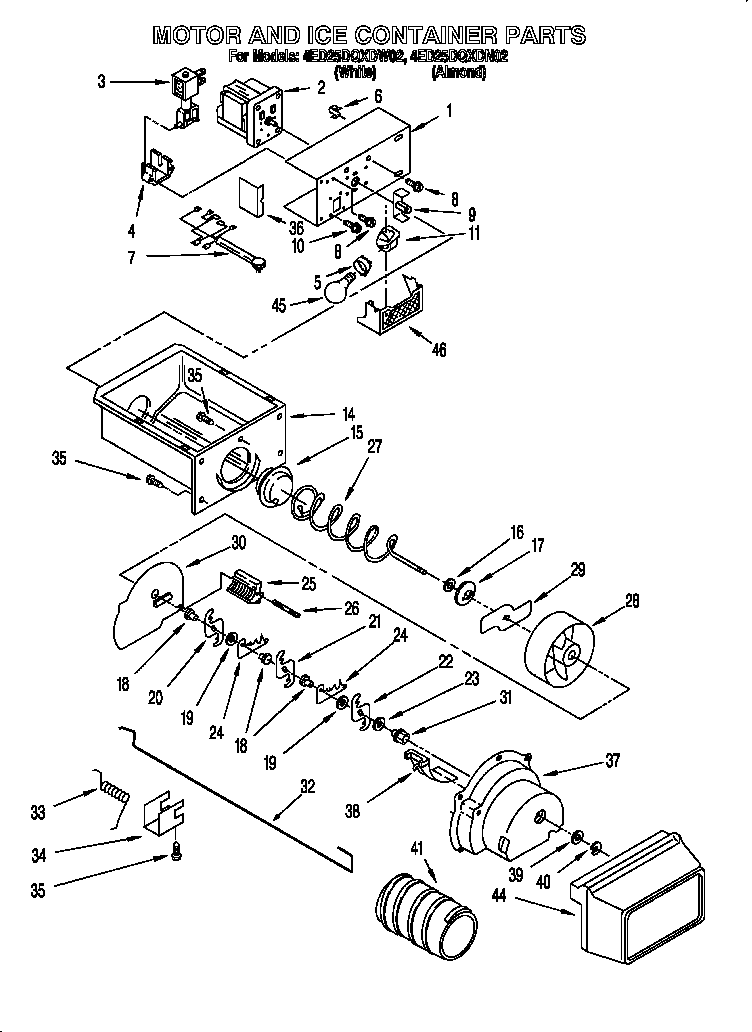Whirlpool 4ED25DQXDW02 motor and ice container diagram