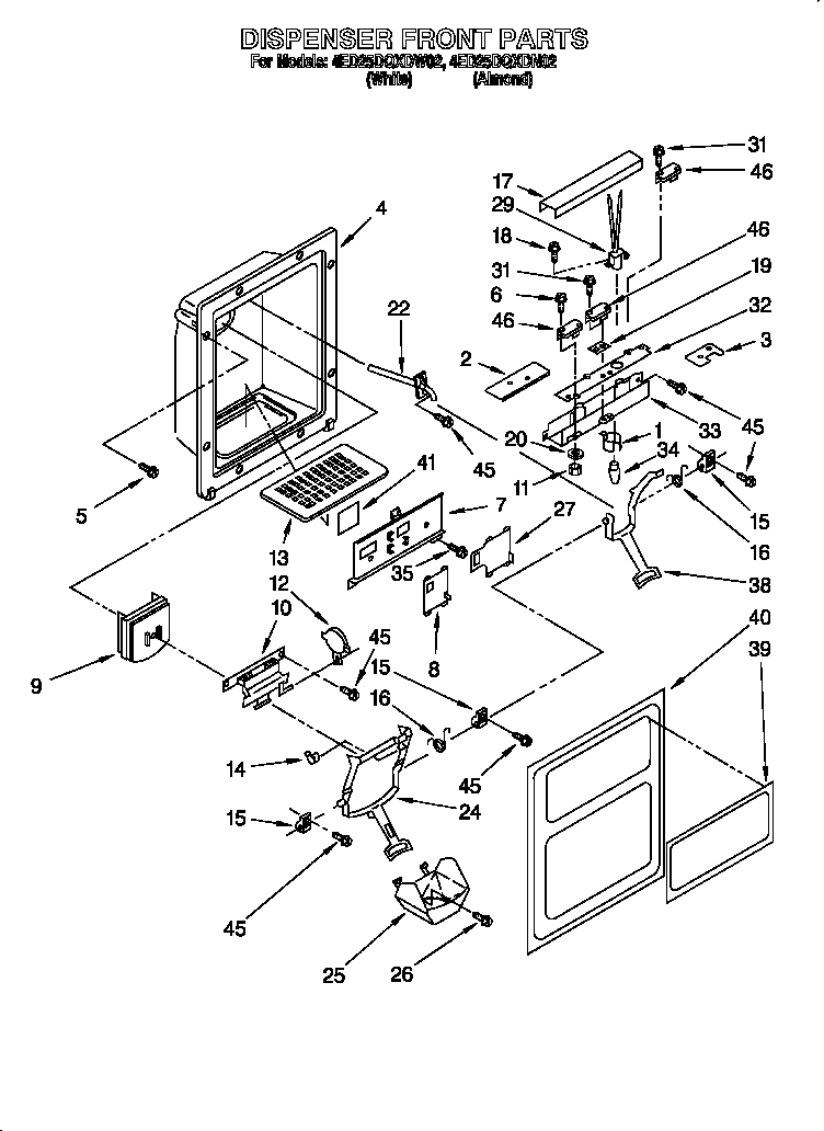 Whirlpool 4ED25DQXDW02 dispenser front diagram