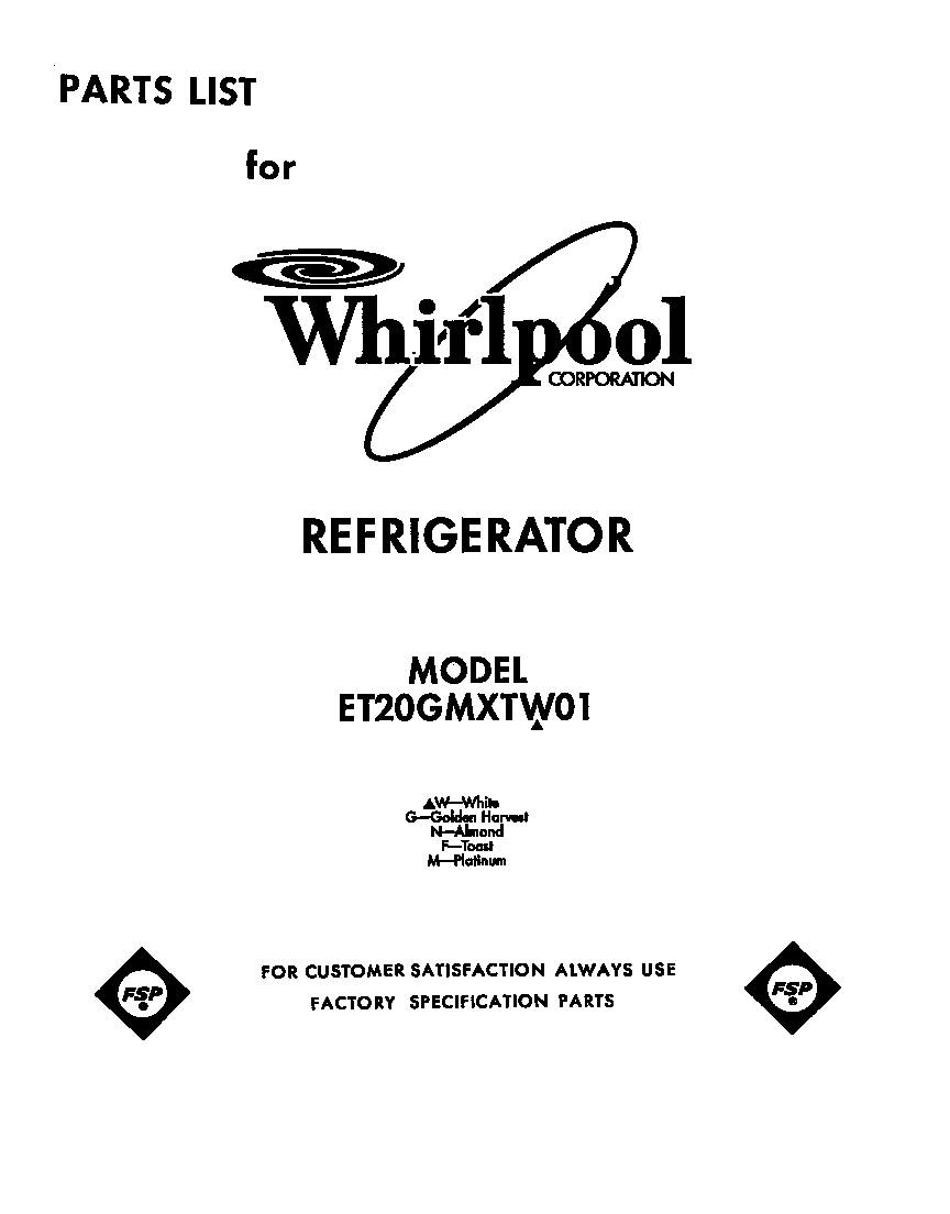 Whirlpool ET20GMXTW01 front cover diagram