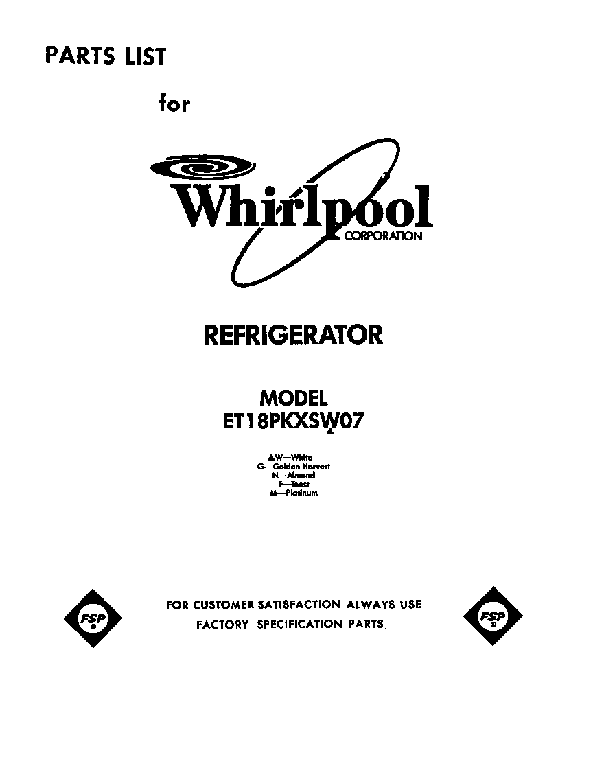 Whirlpool ET18PKXSW07 front cover diagram
