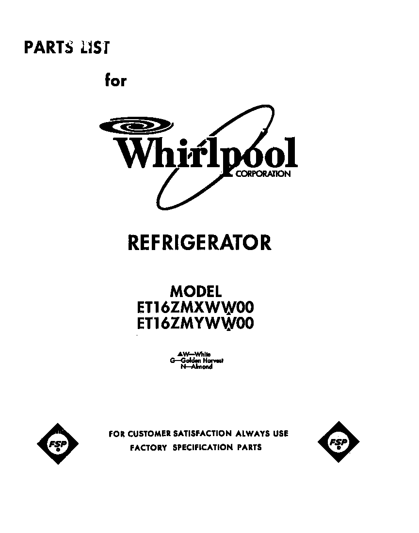 Whirlpool ET16ZMYWG00 front cover diagram