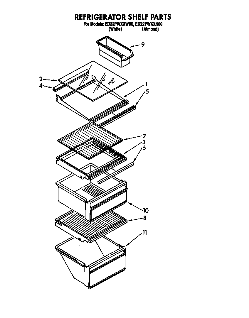 Whirlpool ED22PWXXN00 refrigerator shelf diagram