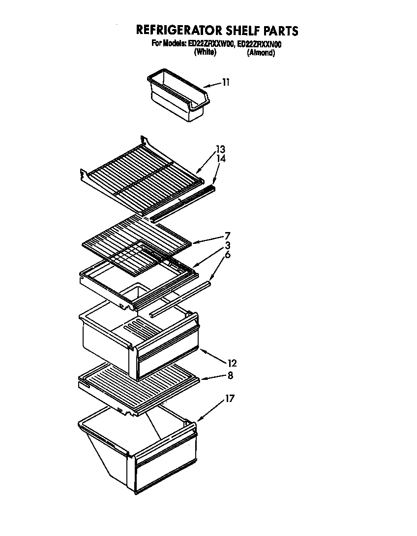 Whirlpool ED22ZRXXW00 refrigerator shelf diagram