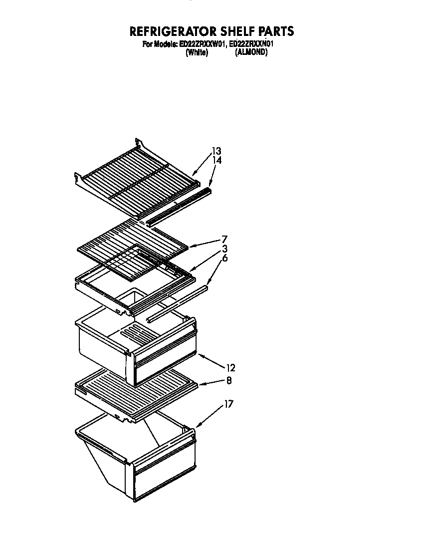 Whirlpool ED22ZRXXW01 refrigerator shelf diagram
