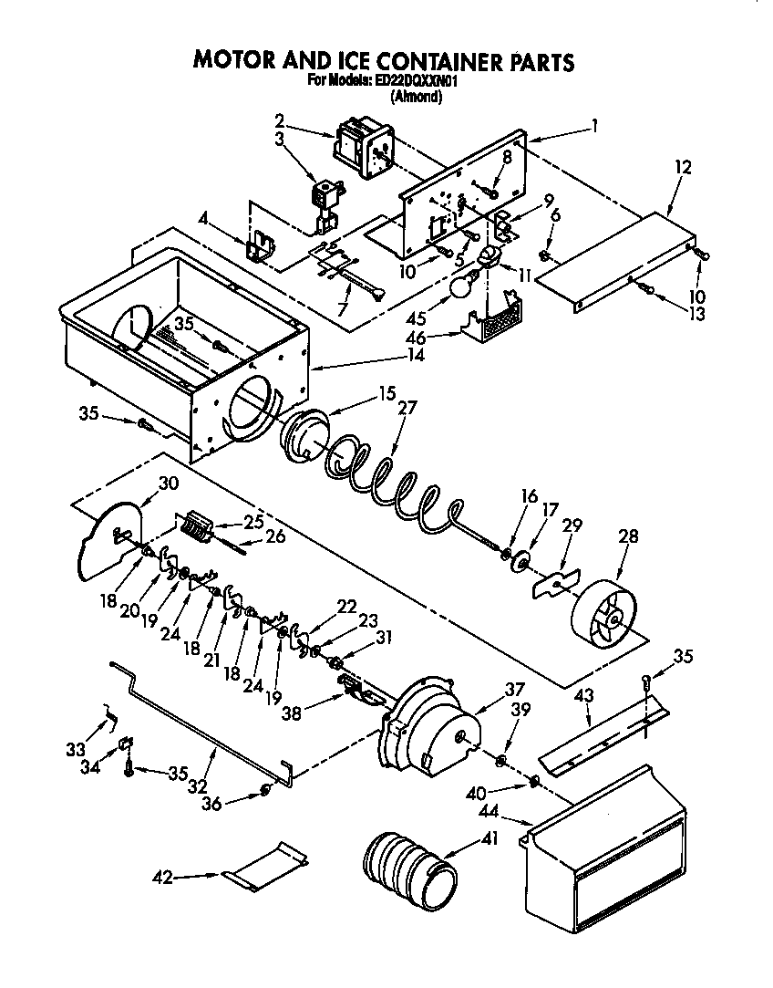 Whirlpool ED22DQXXN01 motor and ice container diagram