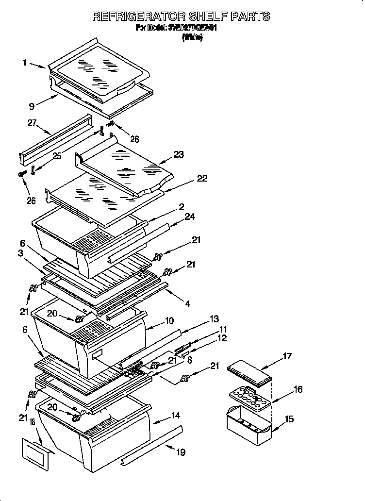 Whirlpool 3VED27DQEW01 refrigerator shelf diagram