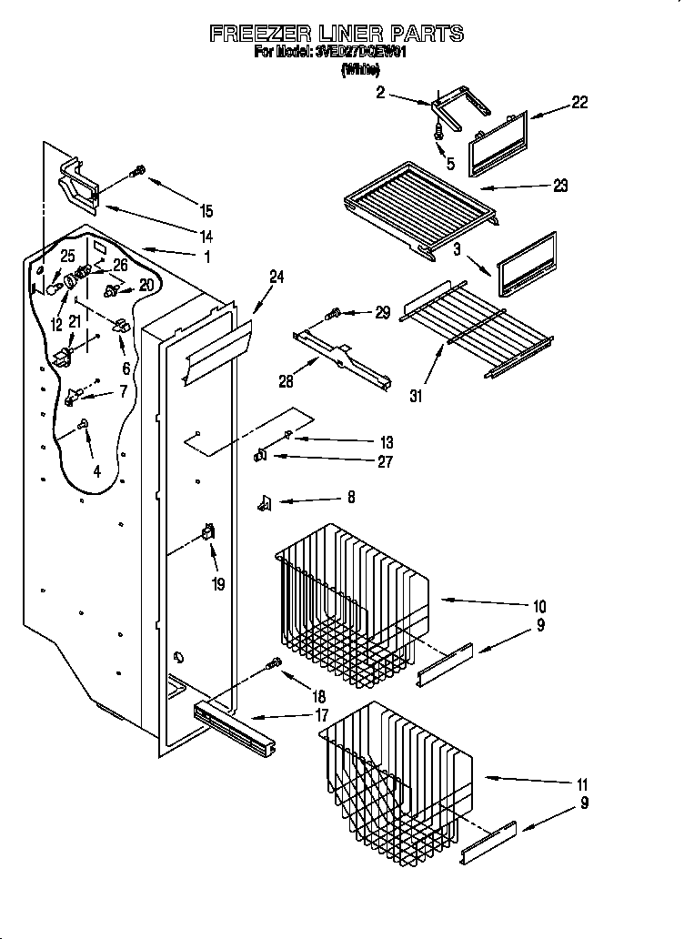 Whirlpool 3VED27DQEW01 freezer liner diagram
