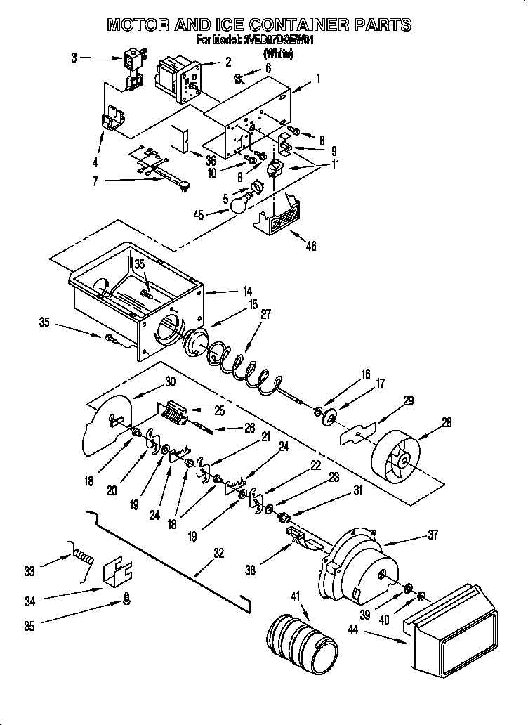 Whirlpool 3VED27DQEW01 motor and ice container diagram