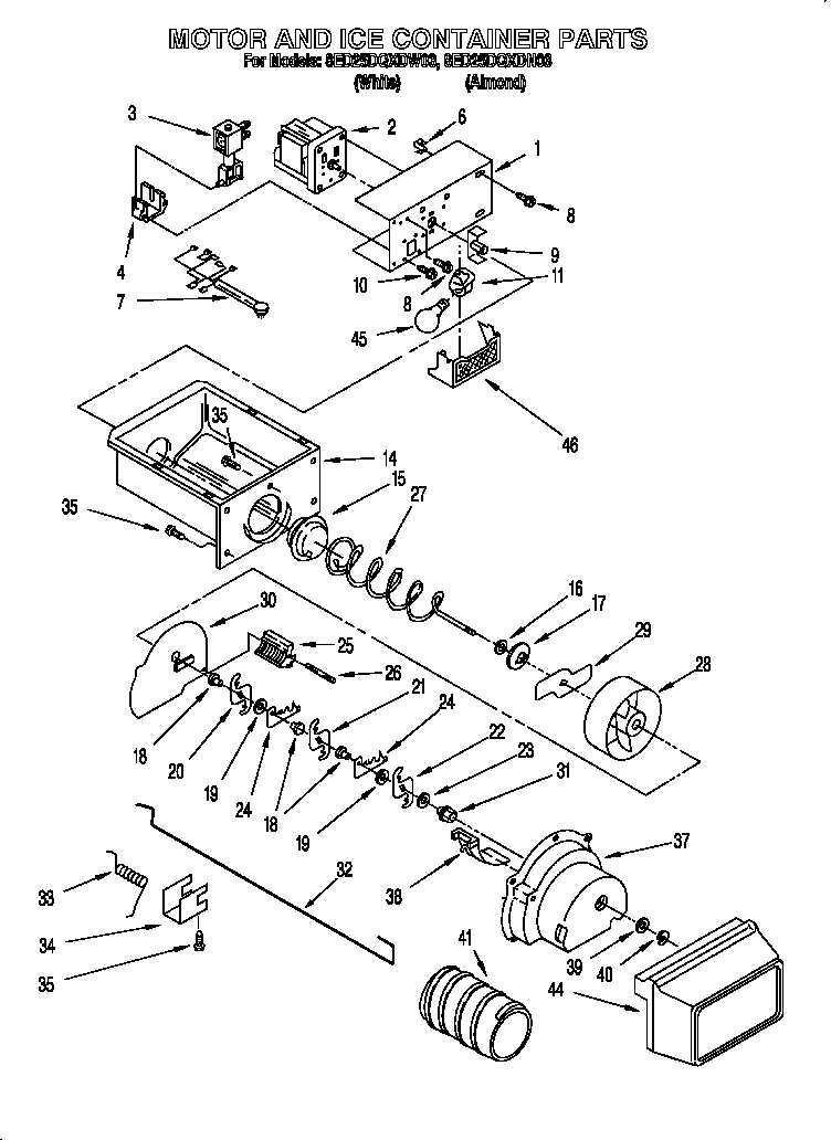 Whirlpool 8ED25DQXDW03 motor and ice container diagram