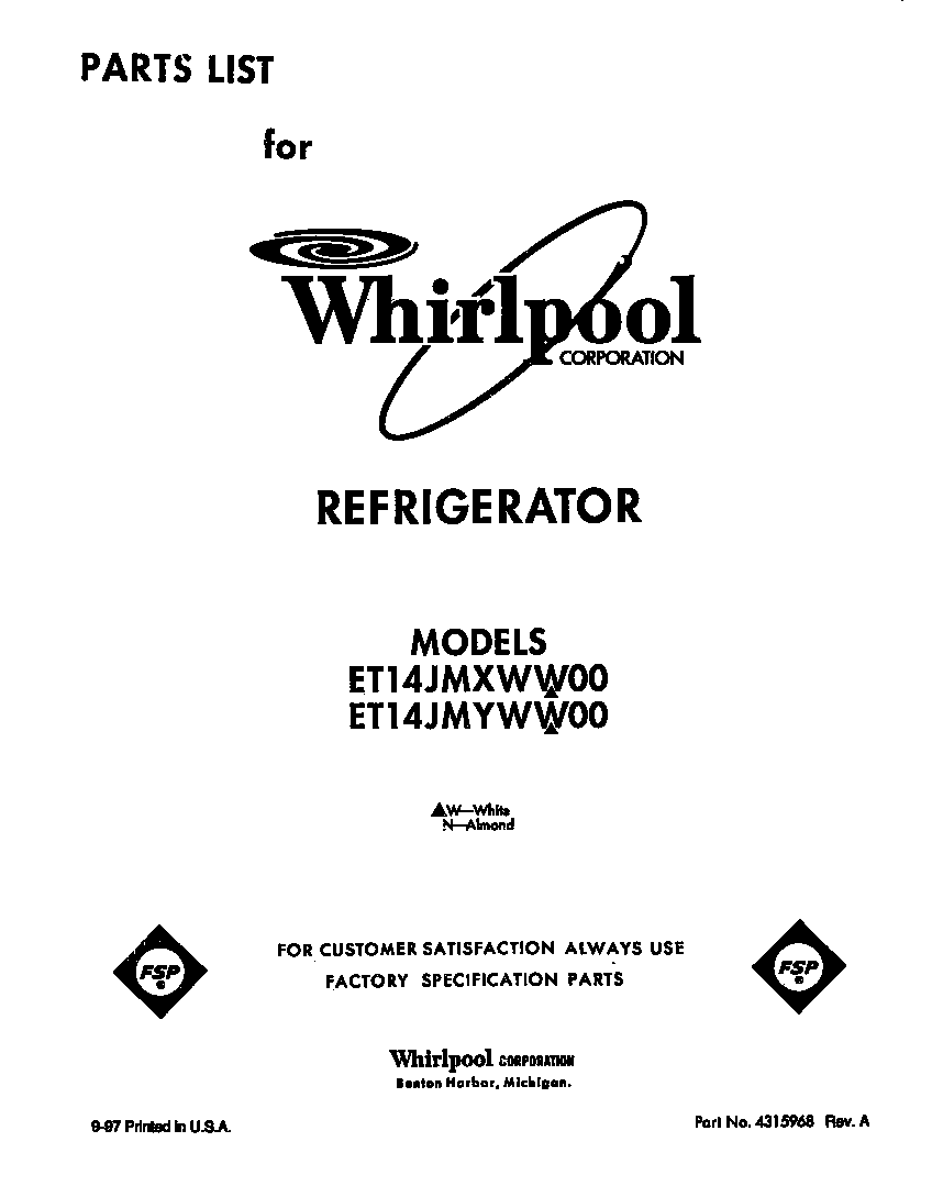 Whirlpool ET14JMYWN00 front cover diagram