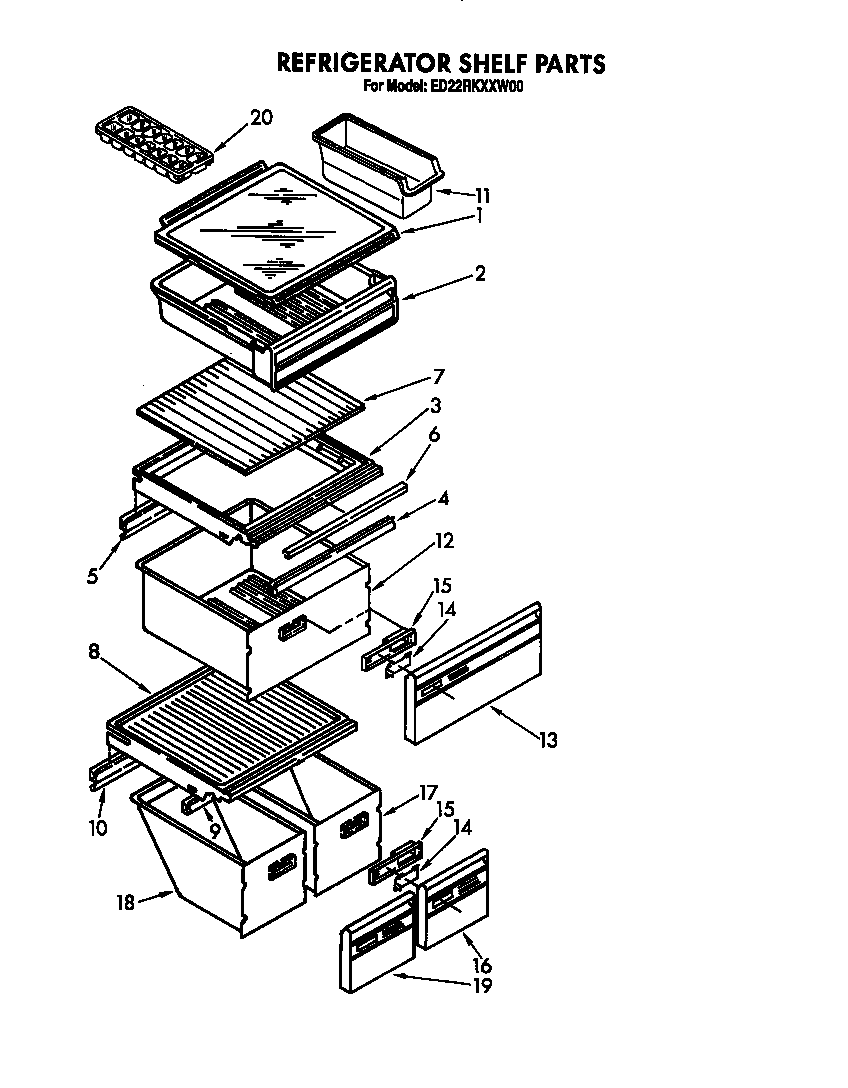 Whirlpool 8ED22RKXXW00 refrigerator shelf diagram