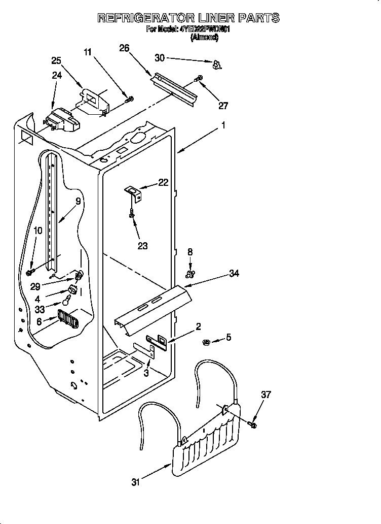 Whirlpool 4YED22PWDN01 refrigerator liner diagram