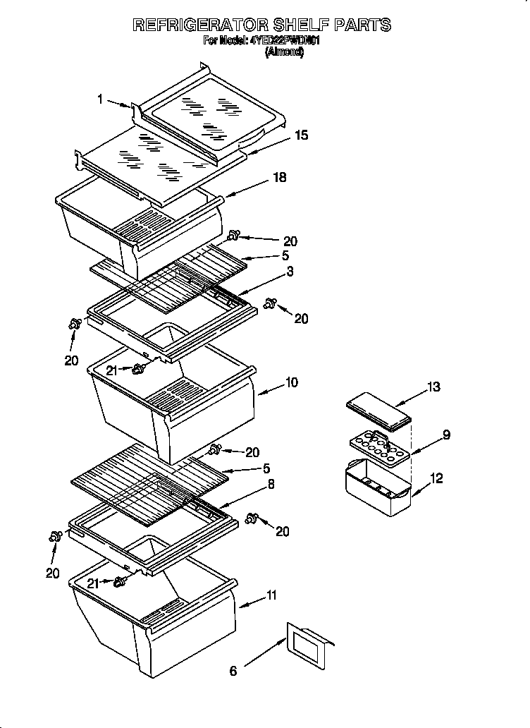 Whirlpool 4YED22PWDN01 refrigerator shelf diagram